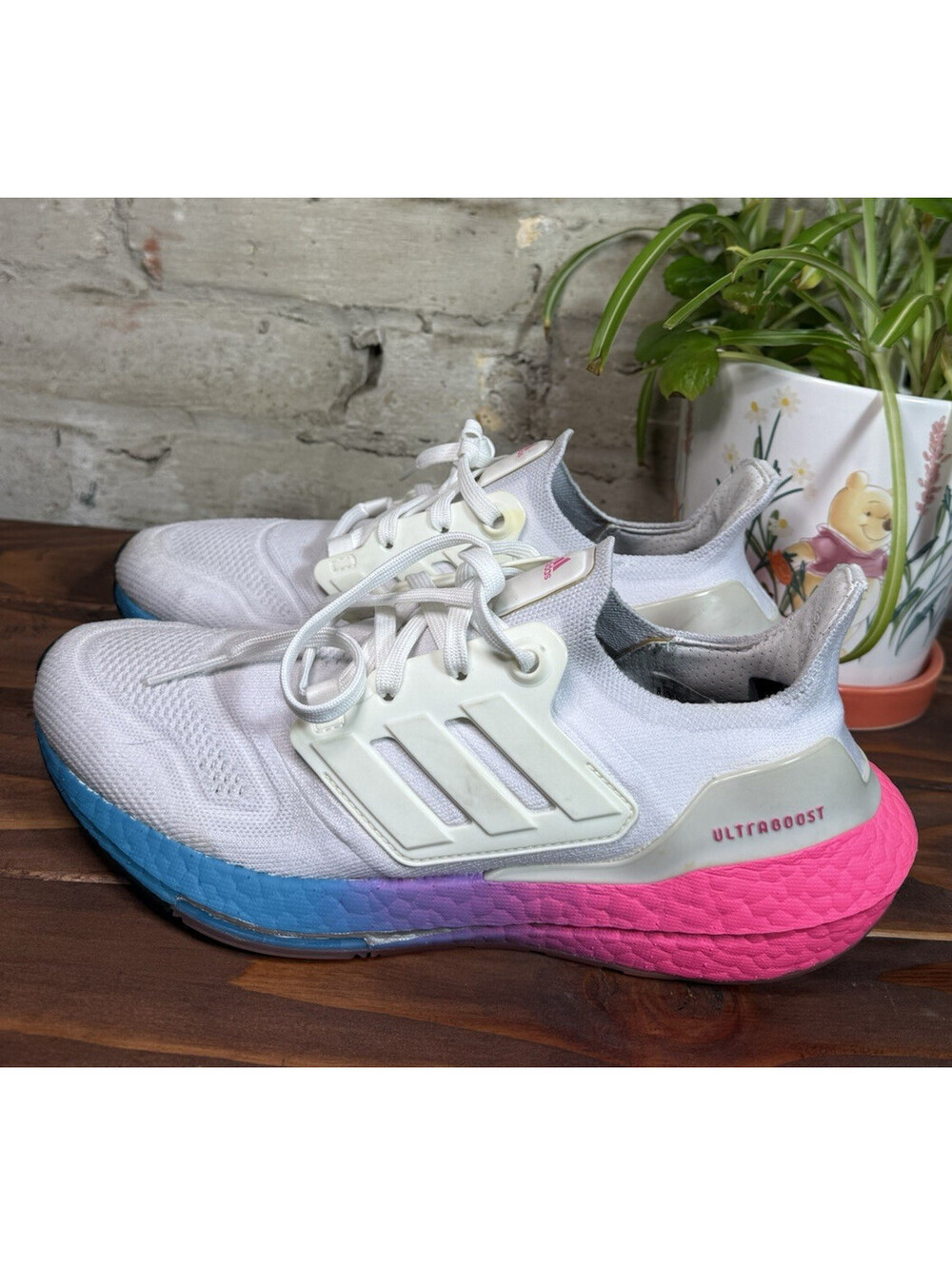 adidas Ultraboost White/Pink/Blue Low Top Lace-Up Men's Athletic Sneaker